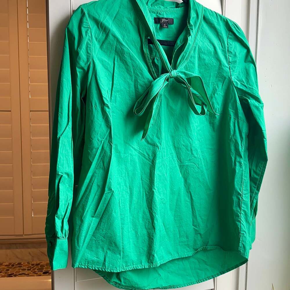 J CREW Women's Cotton Tie Neck Rich Kelly Green Whimsical Old Money